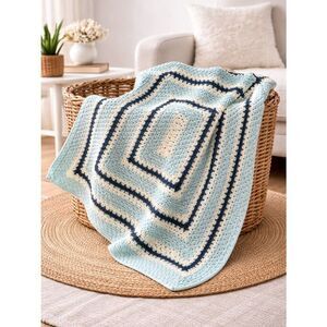 Handmade Crochet Afghan Blanket Blue Cream Rectangular Throw Boho Baby Nursery